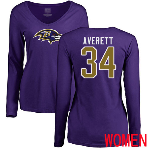Baltimore Ravens Purple Women Anthony Averett Name and Number Logo NFL Football #34 Long Sleeve T Shirt
